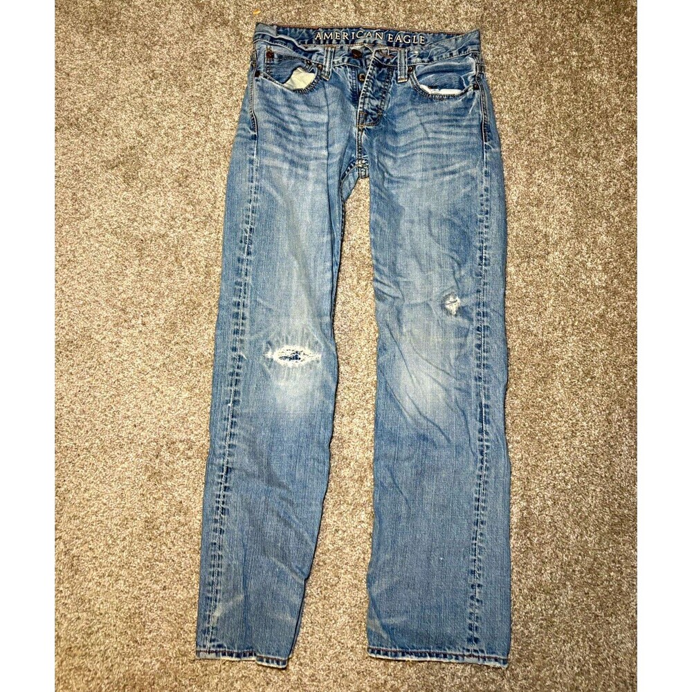 VTG American Eagle Men’s Light Wash Blue Distressed Straight Jeans 28/30